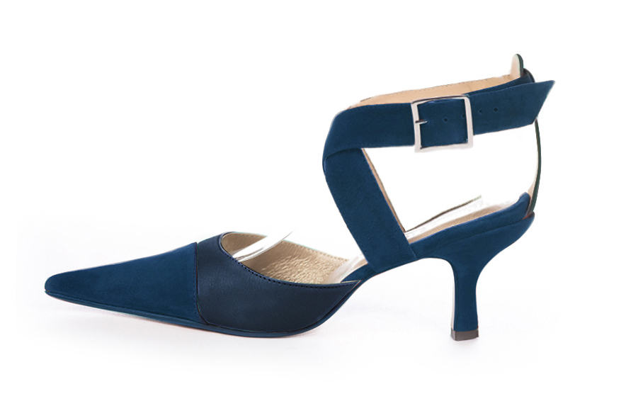 Navy blue women's open back shoes, with crossed straps. Pointed toe. High spool heels. Profile view - Florence KOOIJMAN